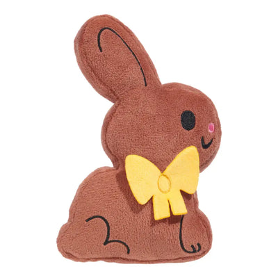 BARK plush bunny dog toy with soft texture and colorful bow for playful dogs