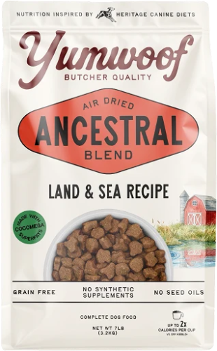 YumWoof Ancestral Blend air-dried dog food in a cream pouch, showing brown kibble and a land and sea recipe label.