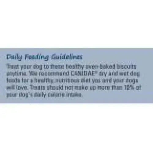 A label reads: Daily Feeding Guidelines: Give your dog CANIDAE PURE Heaven Grain-Free Biscuits with Duck & Chickpeas anytime as a healthy treat. For complete nutrition, feed CANIDAE dry and wet dog foods. More tips in fine print.