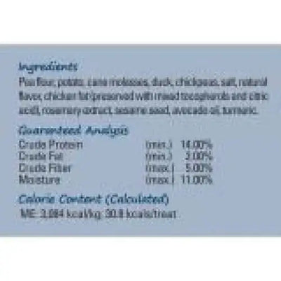 CANIDAE PURE Heaven Grain-Free Biscuits with Duck & Chickpeas are healthy dog treats featuring protein (11%), fat (3%), fiber (5%), moisture (11%), and calorie info—ideal for fans of limited ingredient dog biscuits.