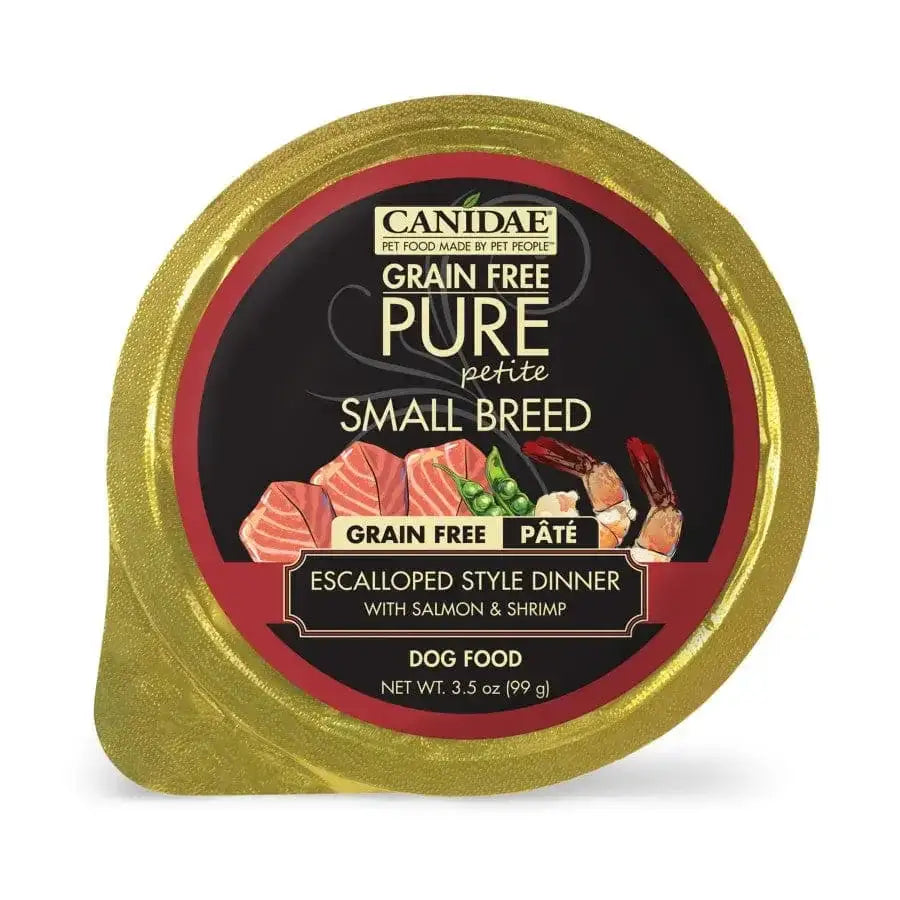 A gold-lidded CANIDAE PURE Petite Small Breed Grain-Free Wet Dog Food container (12x3.5oz), with images of salmon and shrimp, labeled “Grain Free Pâté Escalloped Style Dinner with Salmon & Shrimp.”.
