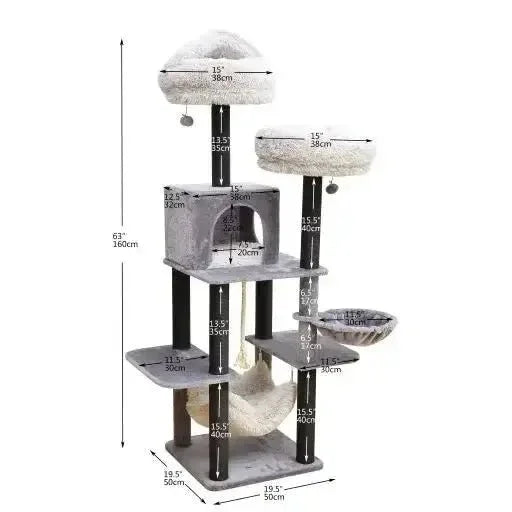 Catry Bradbury 7 Level Gray Cat Tree With Scratching Posts, Condo, Hammock and Two Shag Fur Cushions - Talis Us