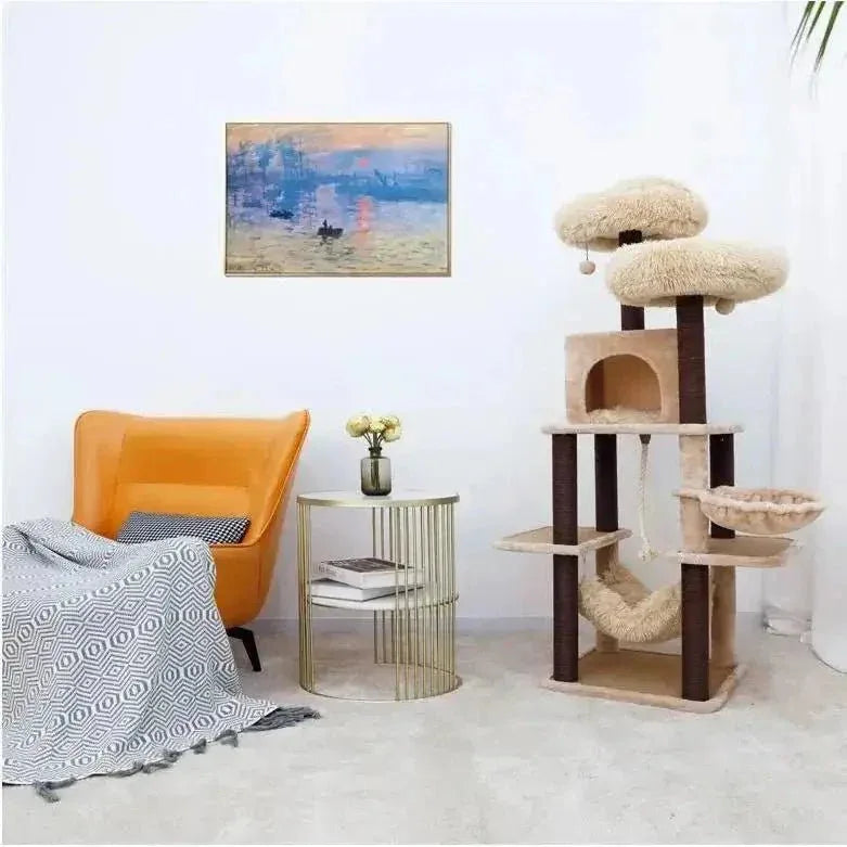Catry Meerkat Cat Tree 7 level Cream Cat Tower with Paper Rope Posts and Plush Beds - Talis Us