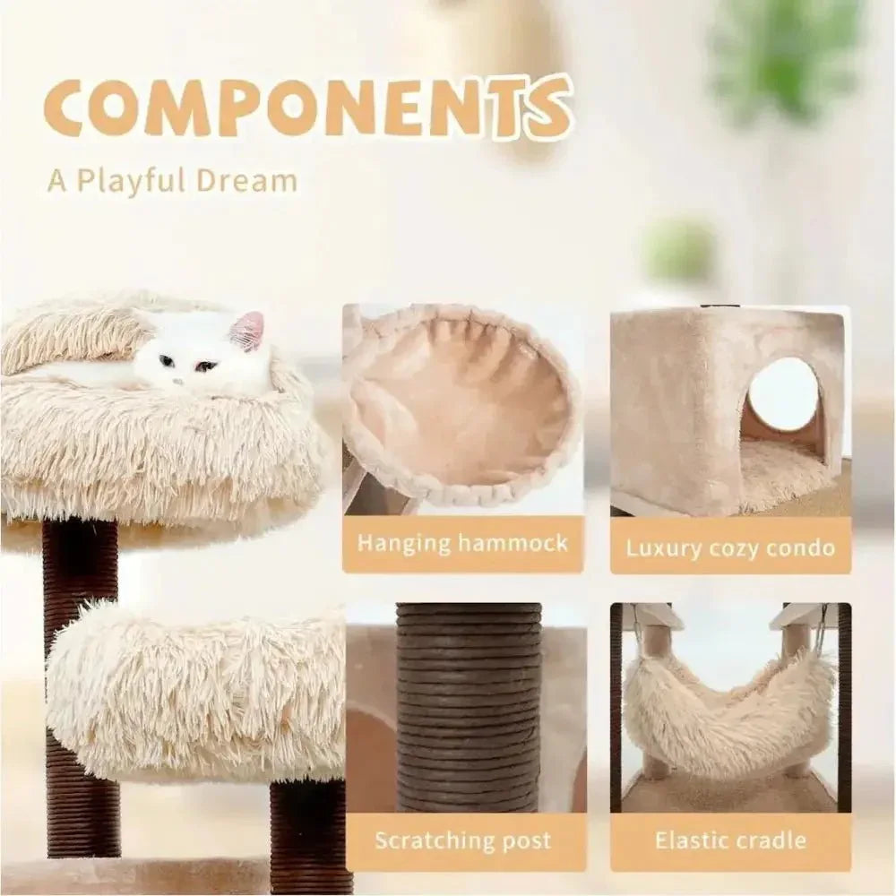 Catry Meerkat Cat Tree 7 level Cream Cat Tower with Paper Rope Posts and Plush Beds - Talis Us