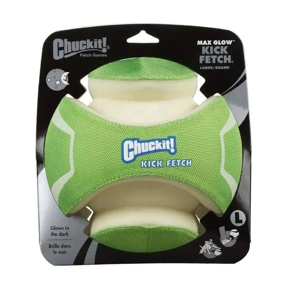 The Chuckit!® Kick Fetch Max Glow Dog Toy, size large, in green/white, features glow-in-the-dark sections for interactive play. The packaging highlights its glowing design for endless fun with your dog.