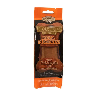 Darford® Mega-Pumpkin! Jr. Flavor Bone Dog Treat 3.5 oz by Darford is a hard-baked, bone-shaped dog biscuit made with real pumpkin and low in calories, packaged in an orange 3.5 oz (100 g) bag.