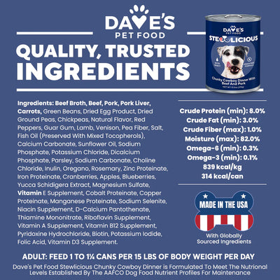 Dave's Pet Food Beef and Pork Dogs Food in a can with high-quality ingredients for dogs