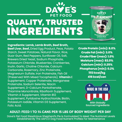 Dave's Pet Food Lamb & Beef Dog Food in a green can, formulated for nourishing wet meals for dogs