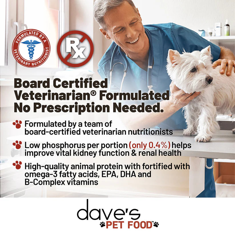 Dave's Pet Food restricted phosphorus dog food for kidney health, formulated by veterinarians for dogs