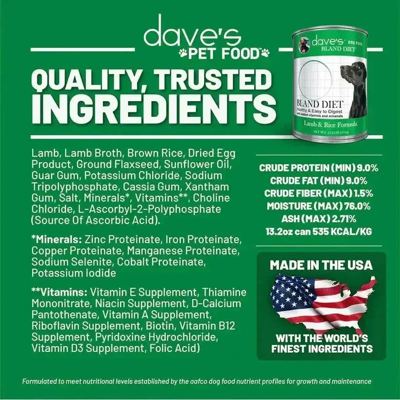 Dave's Restricted Diet Bland Lamb & Rice Dinner Canned Dog Food 12ea/13 oz - Talis Us