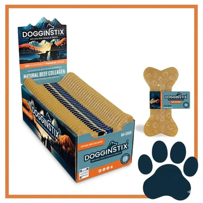 Dogginstix Natural Beef Collagen Dog Treats in a box, promoting joint health with a natural dog chew for joint health
