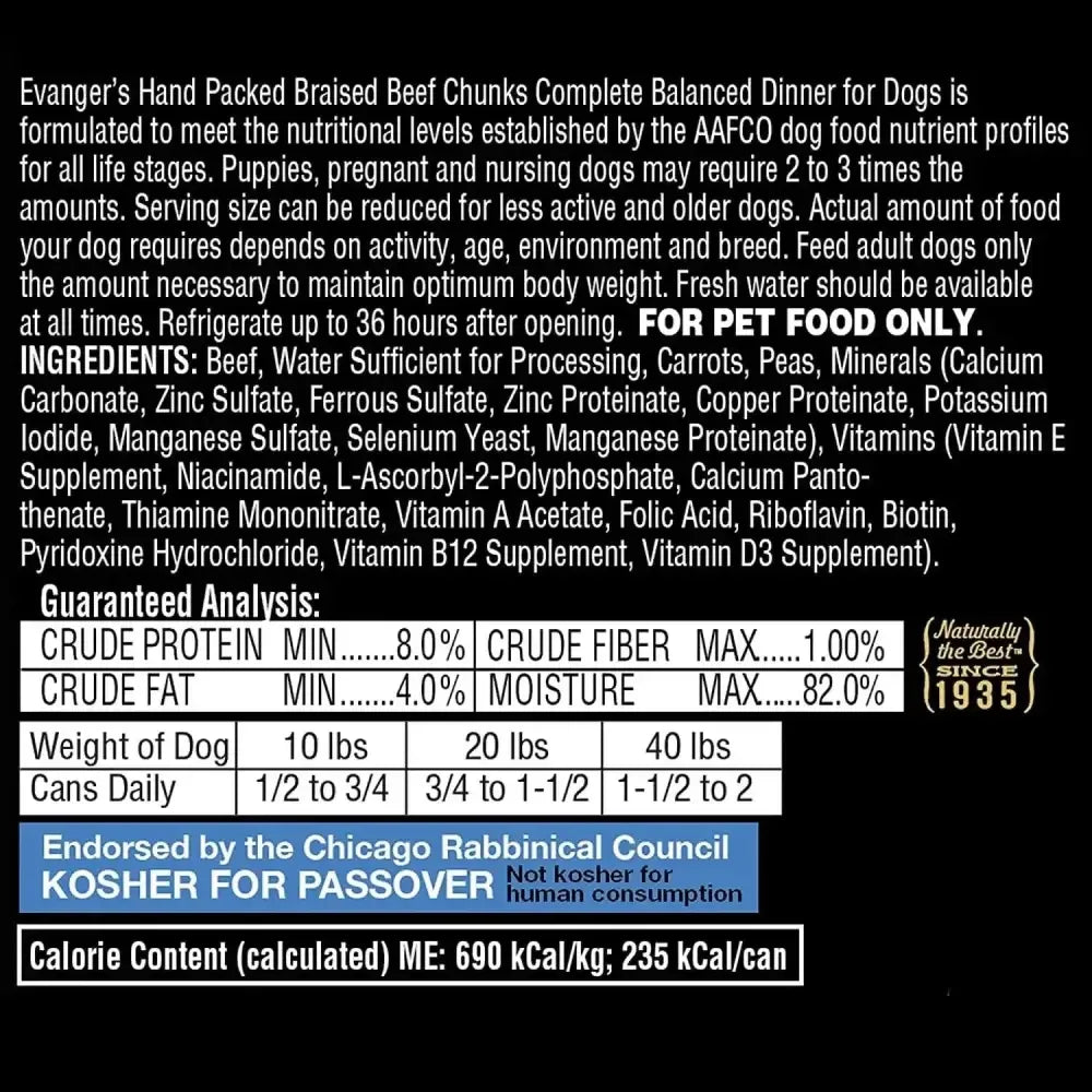 Evanger's Hand Packed Braised Beef Chunks with Gravy Canned Dog Food 12ea/12 oz Evanger's