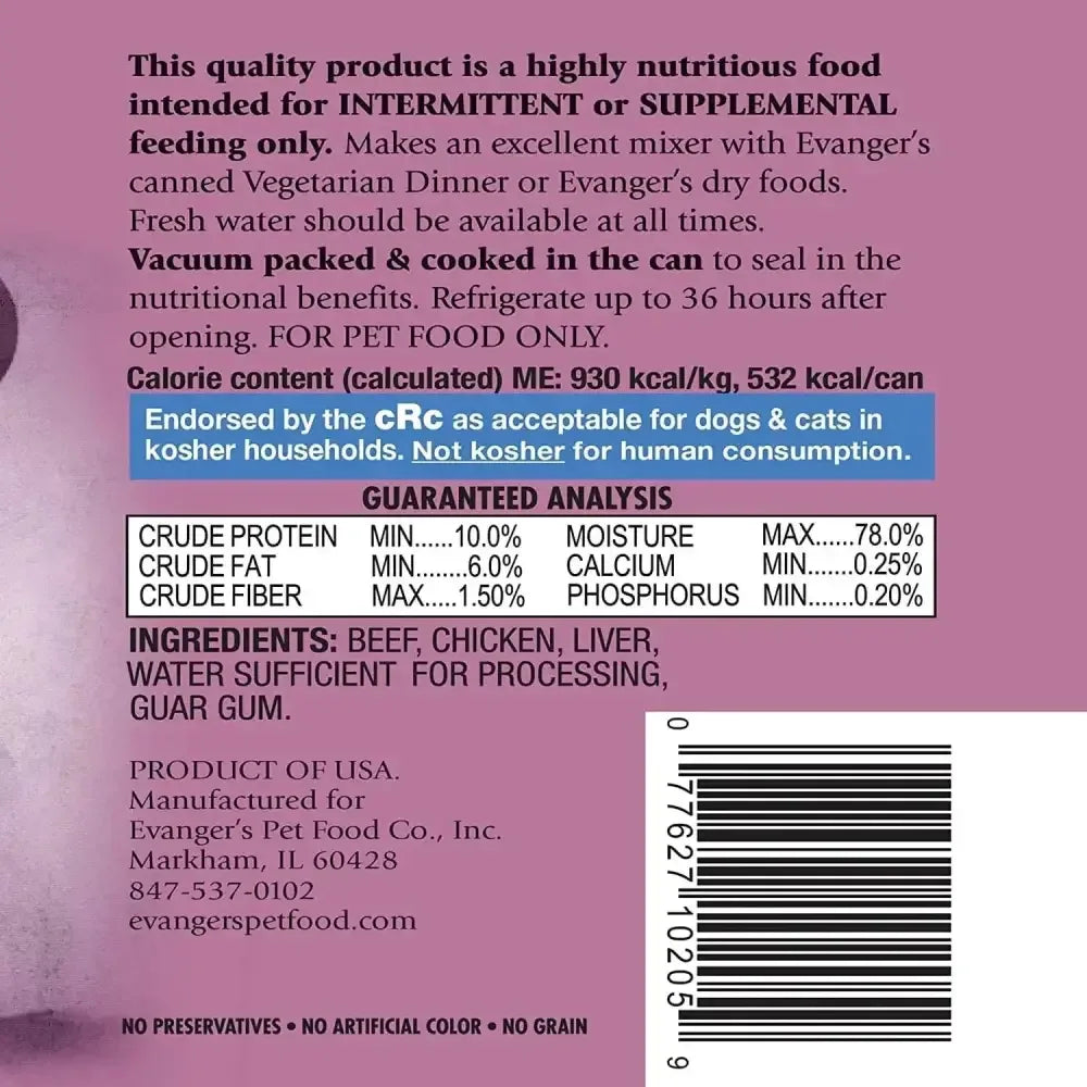 Evanger's Heritage Classic Beef Chicken & Liver Canned Dog Food 12ea/20.2 oz Evanger's