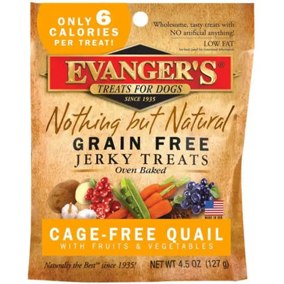 Evangers Nothing But Natural Quail Jerky Dog Treats (4.5 oz) are grain free, oven baked, made with cage-free quail, fruits, and veggies. These healthy snacks contain only 6 calories per treat and have nothing but natural ingredients.