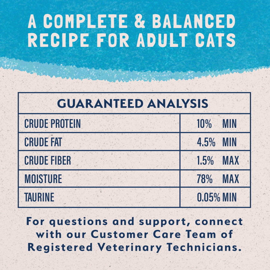 Guaranteed analysis table for Natural Balance adult cat food showing protein, fat, and fiber levels.