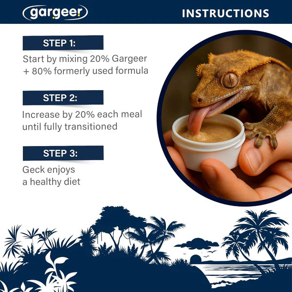 Premium crested gecko food instructions with gecko enjoying a healthy meal for balanced nutrition