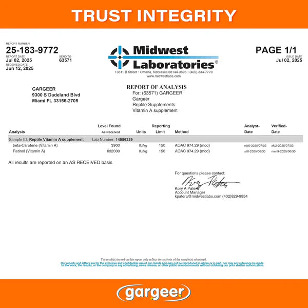 Gargeer Report of Analysis for Vitamin A supplement for reptiles showing lab results and product details