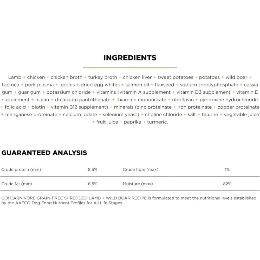 Go! Solutions Carnivore Grain - Free Shredded Lamb & Wild Boar Recipe Dog Food 12ea/12.5 oz - Talis Us