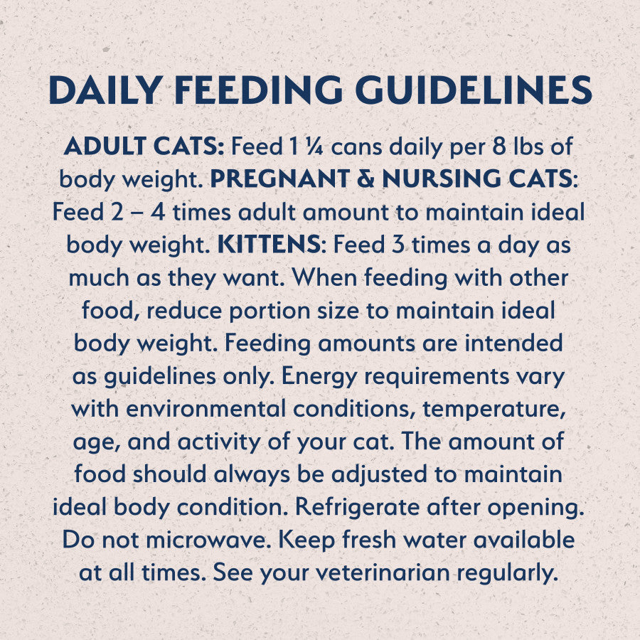 Daily feeding guidelines for adult cats, kittens, and pregnant or nursing cats.