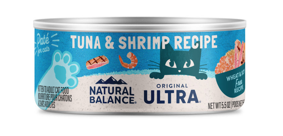 Natural Balance Ultra Premium Wet Cat Food, Tuna & Shrimp Recipe, 5.5 oz can. Features a playful cat graphic and 'Pate for cats' text.