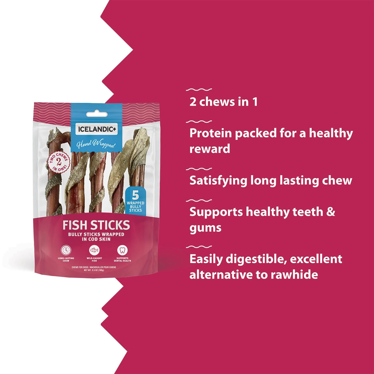 Icelandic+ Bully Stick Fish Sticks for Dogs in a 5-count package for healthy chewing