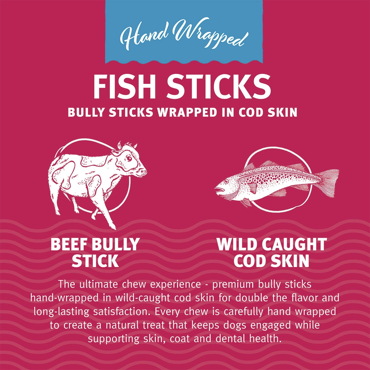 Icelandic+ Fish Sticks Bully Stick Wrapped in Cod Skin for Dogs, Hand-Wrapped for Flavor and Satisfaction