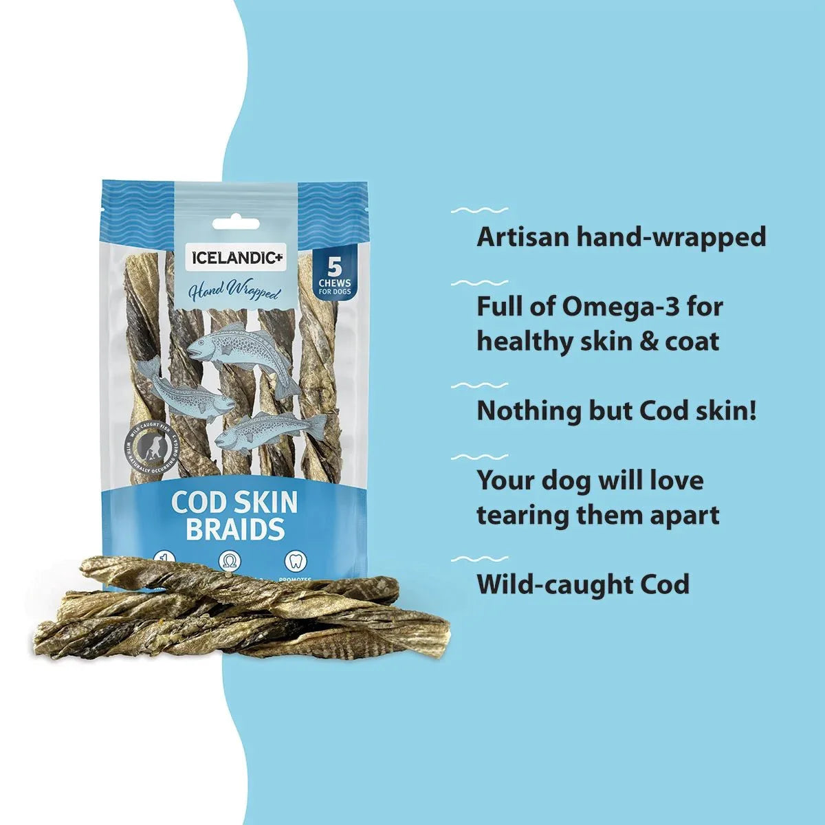 Icelandic Cod Skin Braids for Dogs – 5 Chews, Hand Wrapped - Talis Us