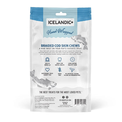 Icelandic cod skin braids for dogs in a blue bag, healthy and long-lasting chews for pets
