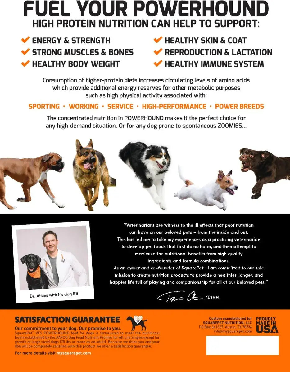 Back of SquarePet PowerHound dog food package with dog images, highlighting high protein, low carbs, and vet-formulated benefits