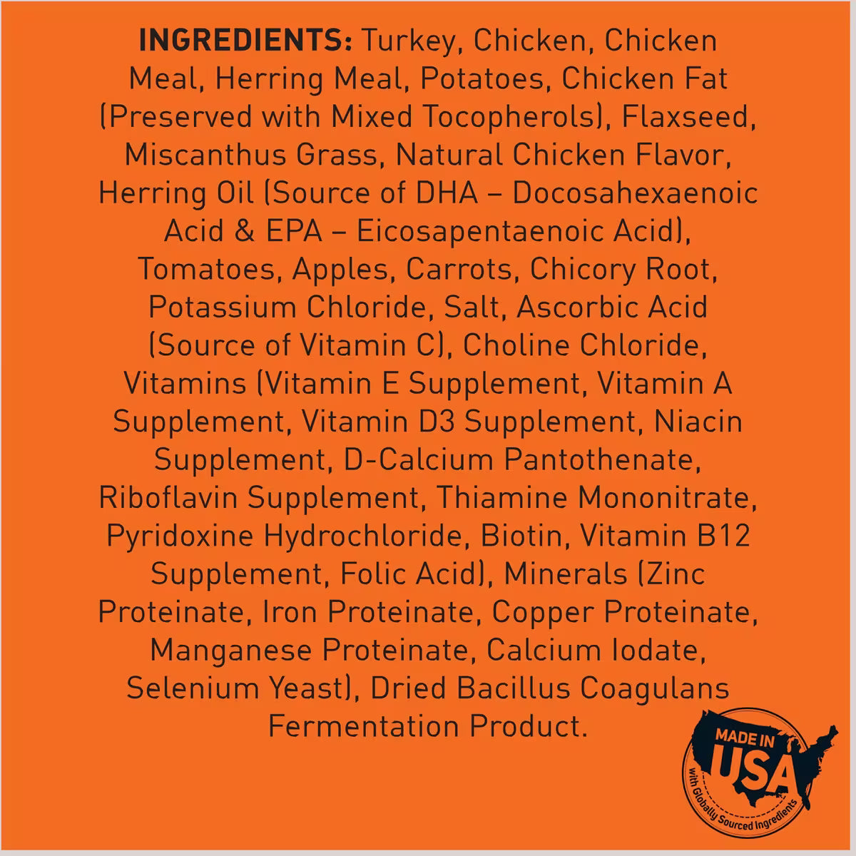 Ingredients list for high protein dry dog food on orange background, includes turkey, chicken, vegetables, and supplements