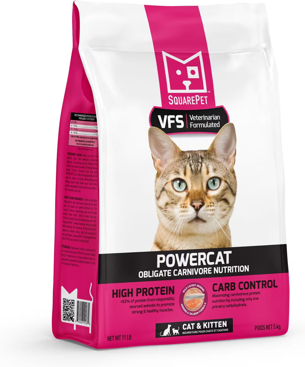 SquarePet VFS PowerCat high protein dry cat food in white and pink packaging with a cat image, 5 kg size, veterinarian formulated