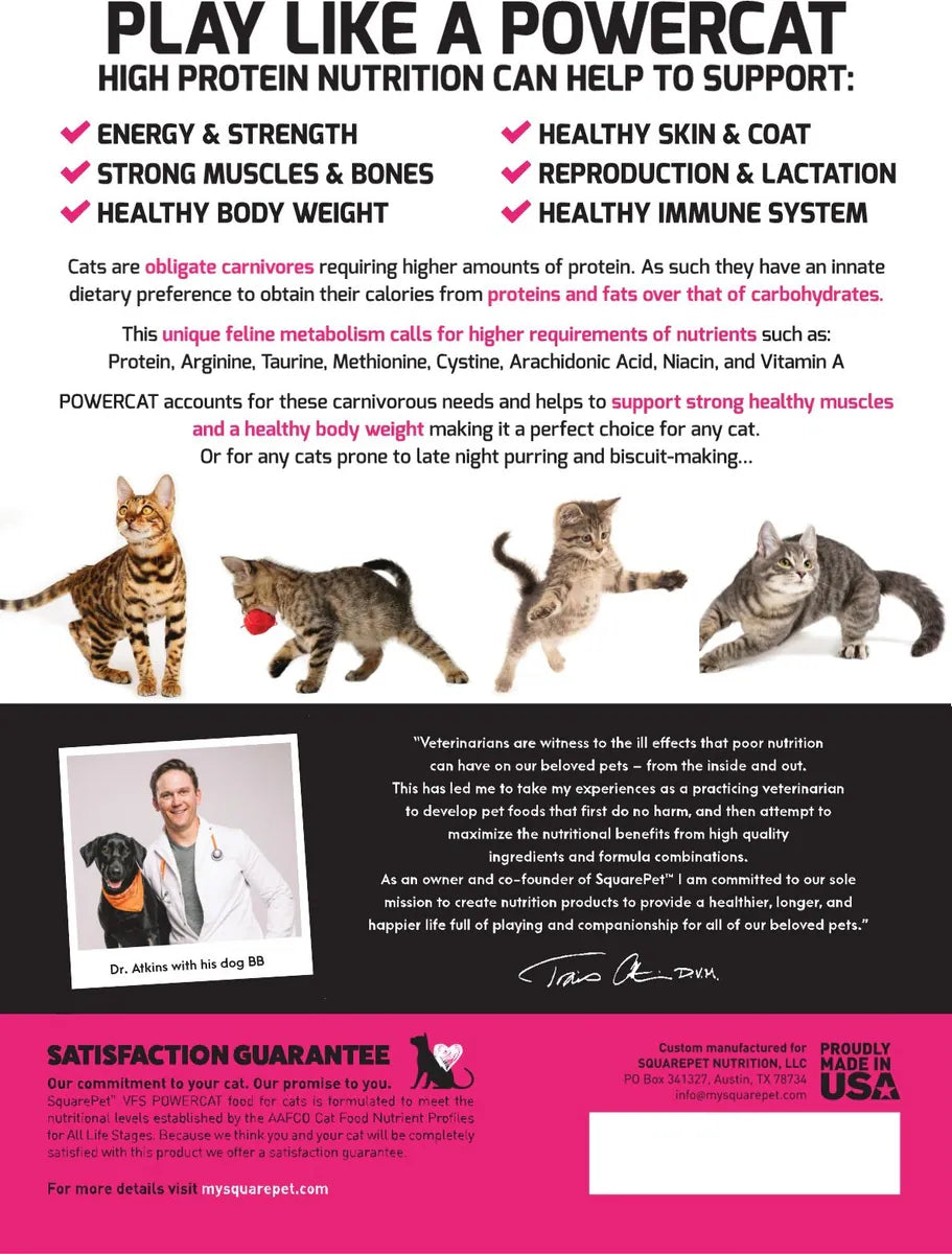 Back of SquarePet PowerCat packaging showing benefits like muscle support, healthy weight, and immune system, with cat images