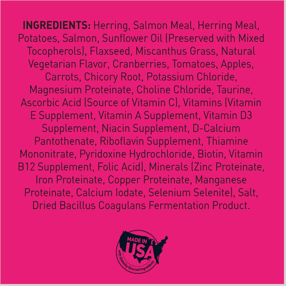 Pink background with ingredients list of high protein dry cat food featuring herring, salmon, vegetables, and supplements, SKU: 11LBS