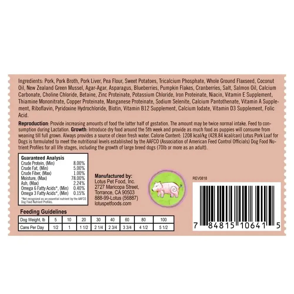 Lotus Pork Loaf Grain-Free Canned Dog Food 12/12.5oz Lotus