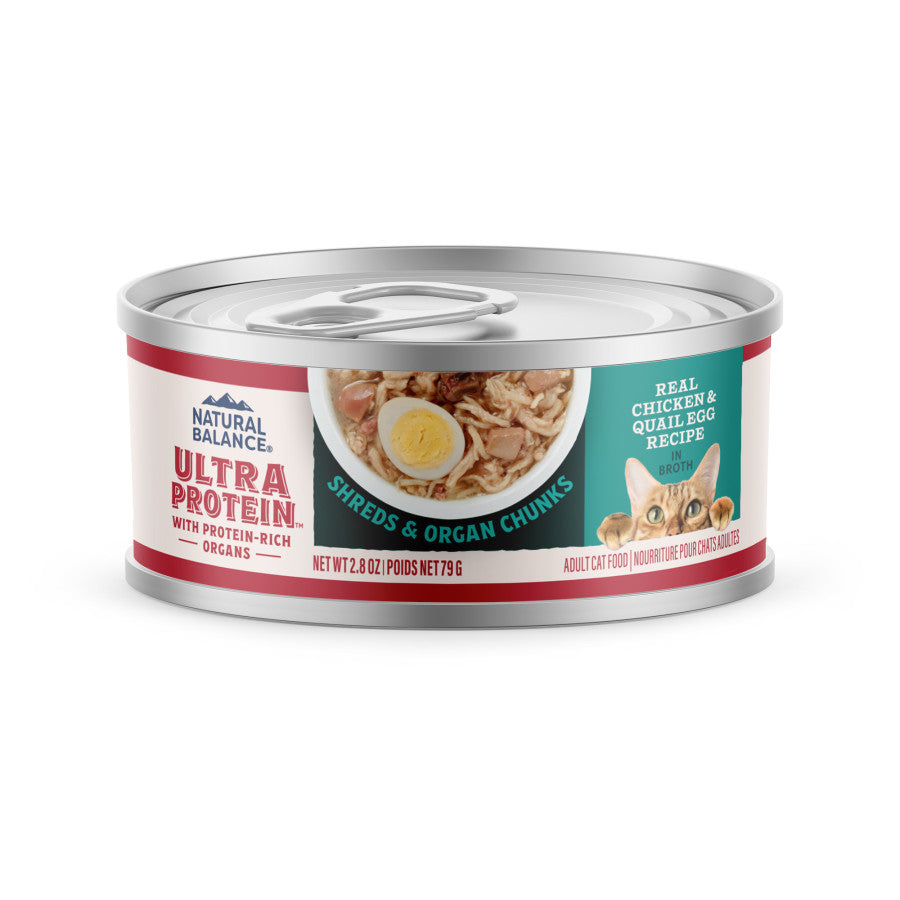 Natural Balance Ultra Protein Chicken and Quail Egg Wet Cat Food 2.8 oz can with shreds and organ chunks in broth.