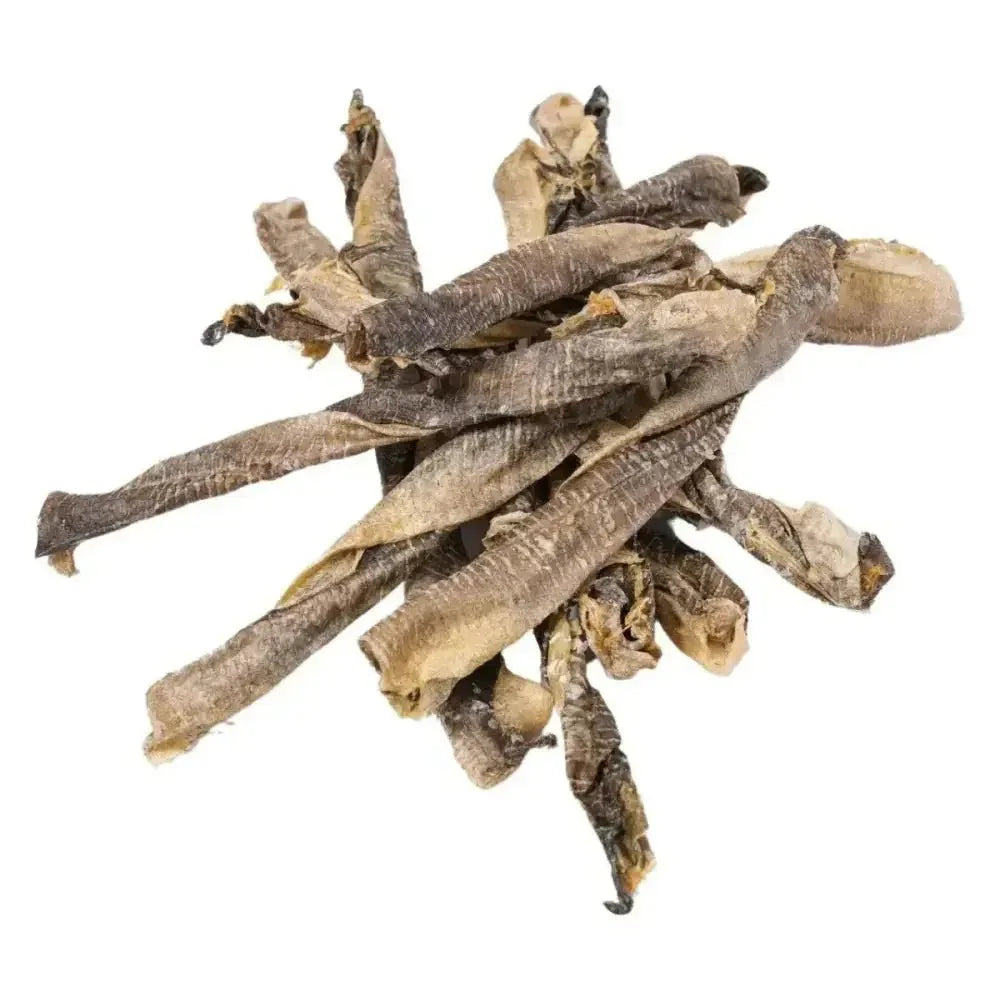 Momentum Carnivore Nutrition Cod Twist Dog Chews, natural dental treats showing texture of dried wild-caught cod skins.
