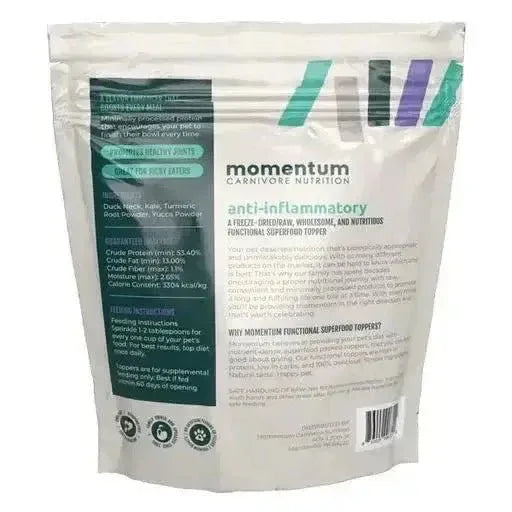 Back of 3oz Momentum Carnivore Nutrition Anti-Inflammatory Topper bag showing ingredients and feeding instructions.