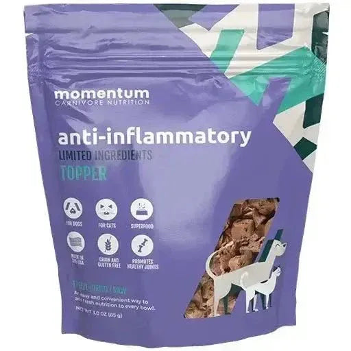Momentum Carnivore Nutrition 3oz Anti-Inflammatory Topper bag for dogs and cats with freeze-dried raw bites.