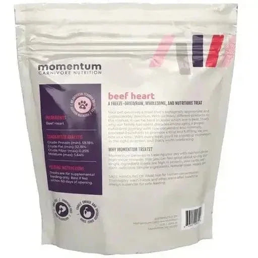 Back of Momentum Freeze Dried Raw Beef Hearts 3oz bag showing single-ingredient labels and nutritional analysis.