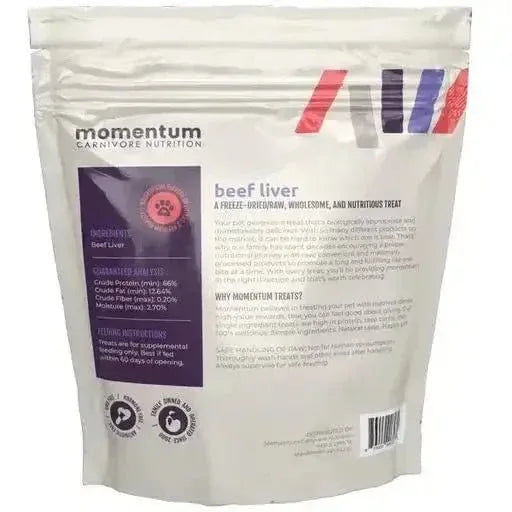 Back view of Momentum Carnivore Nutrition 4oz Beef Liver Treats showing nutritional analysis and single-ingredient label.