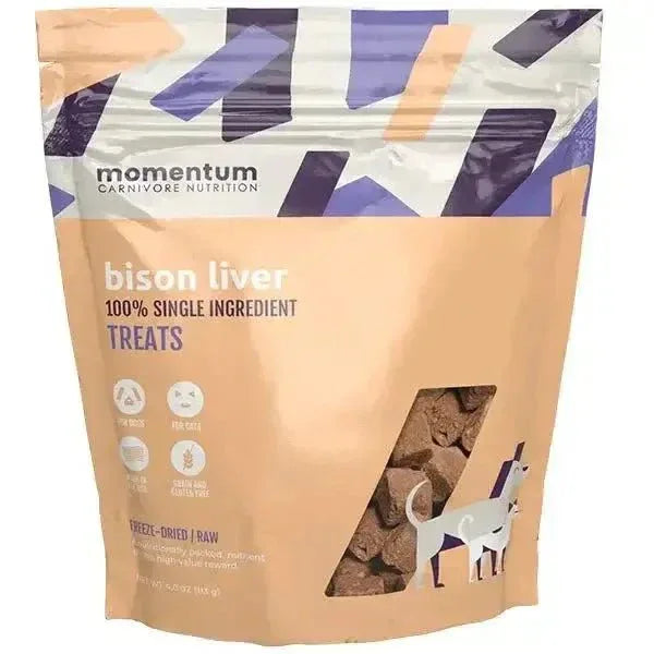 Momentum Carnivore Nutrition 4oz bag of freeze-dried raw bison liver single-ingredient dog and cat treats.