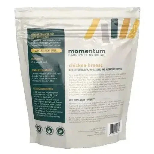 Back of Momentum Freeze Dried Raw Chicken Breast Topper bag showing ingredients, analysis, and dog/cat feeding instructions.