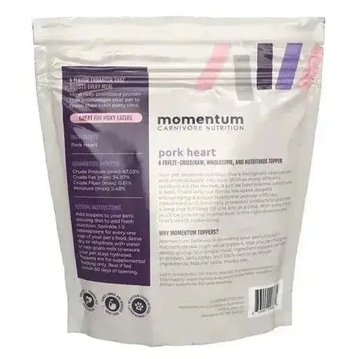 Back of Momentum Carnivore Nutrition Pork Heart Topper 3.75oz bag showing nutritional analysis and feeding instructions.