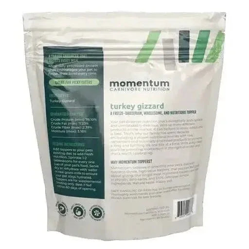 Back view of Momentum Turkey Gizzard pet food topper bag showing nutritional facts, ingredients, and feeding instructions.