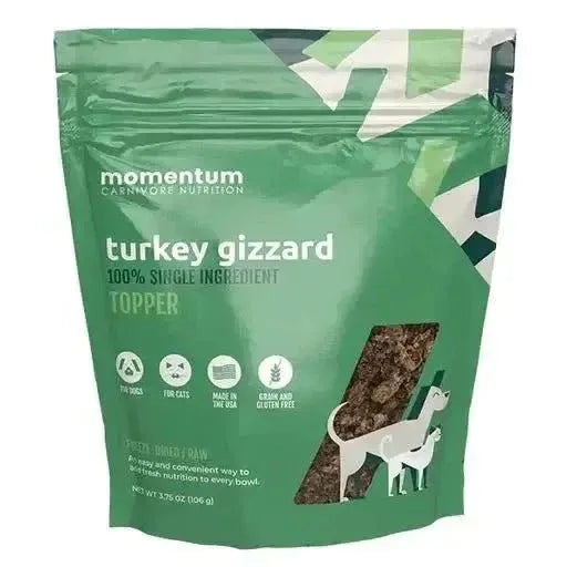 Momentum Carnivore Nutrition 100% single ingredient freeze dried turkey gizzard topper for dogs and cats.