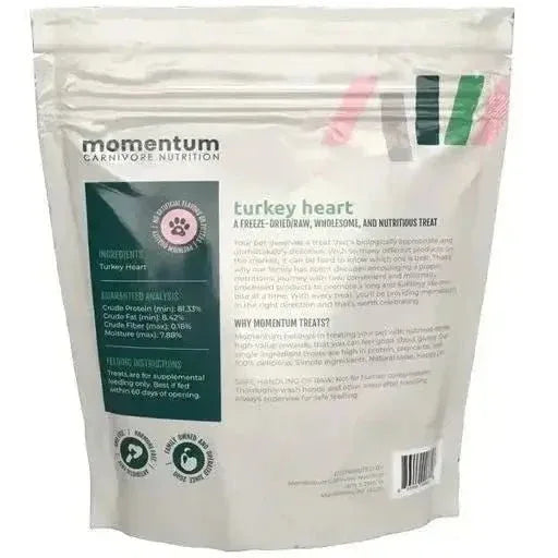 Back of Momentum Carnivore Nutrition 3oz Turkey Heart bag showing guaranteed analysis and feeding instructions.
