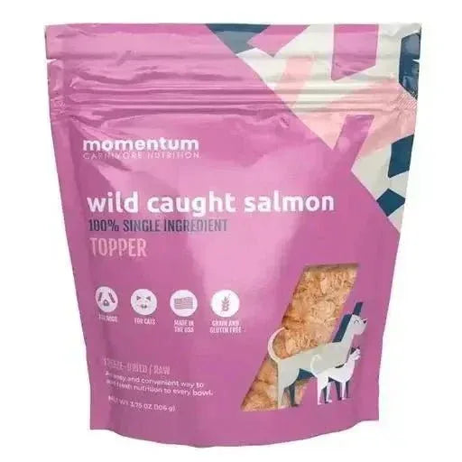 3.75oz Momentum Carnivore Nutrition Wild Caught Salmon Topper bag, freeze dried raw single ingredient dog and cat food.