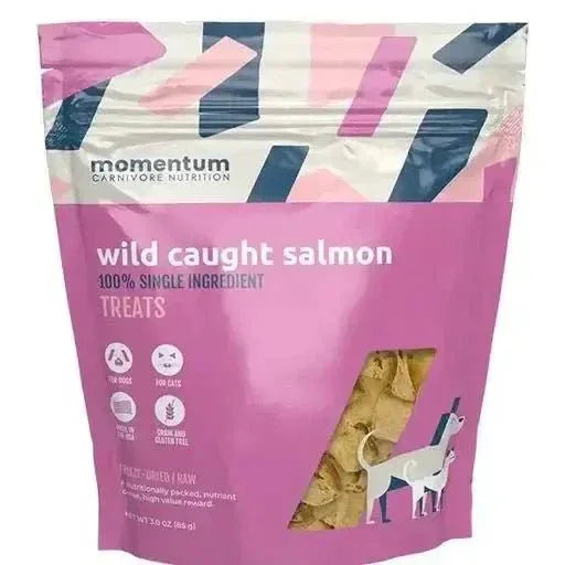 Momentum Carnivore Nutrition 3oz bag of freeze-dried wild caught salmon treats for dogs and cats.