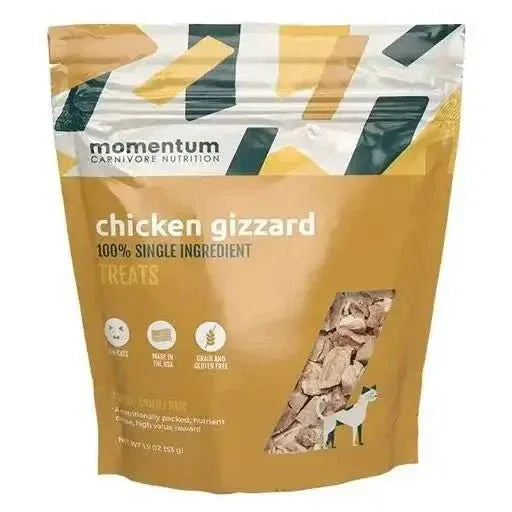 Momentum 1.9oz bag of freeze dried chicken gizzard cat treats, single ingredient, grain and gluten free.
