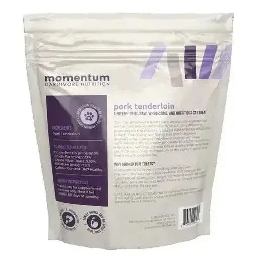 Back view of Momentum 2.5oz Pork Tenderloin Freeze Dried Cat Treats bag showing ingredients and nutritional analysis.